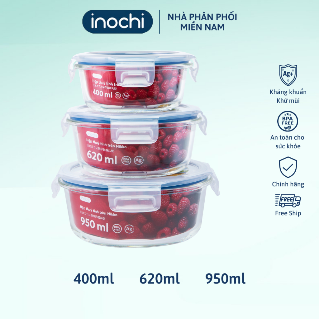 Ảnh Hộp thuỷ tinh tròn Inochi nhiều dung tích, hộp đựng cơm văn phòng, hộp thủy tinh có nắp đậy 1