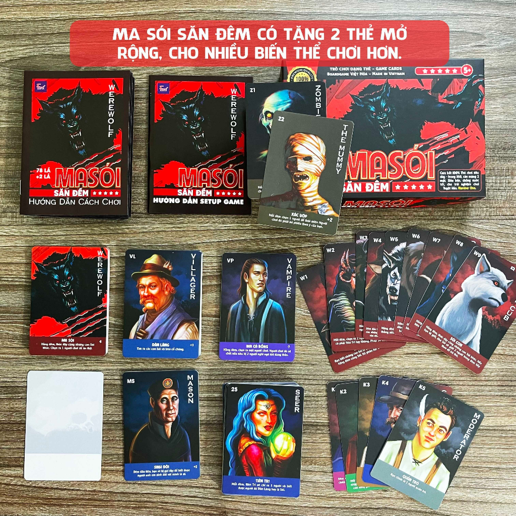 Board game việt hóa bài Ma Sói Săn Đêm - Werewoft - 80 lá - 78 lá tặng 2 thẻ mở rộng