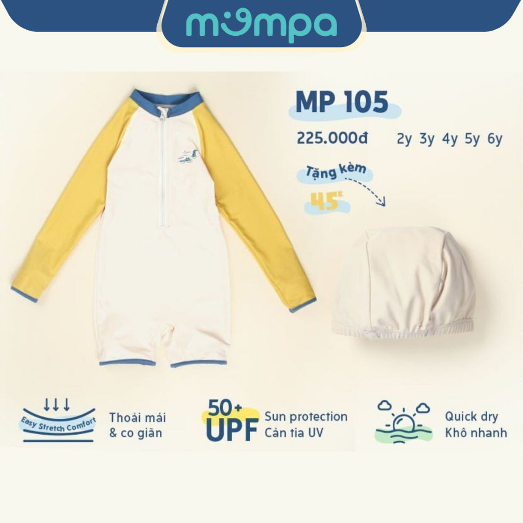 Đồ bơi bé trai Mompa 2-6 tuổi bộ Bikini tặng kèm mũ bơi vải Cotton thoáng mát mềm mát thấm hút nhanh khô 105
