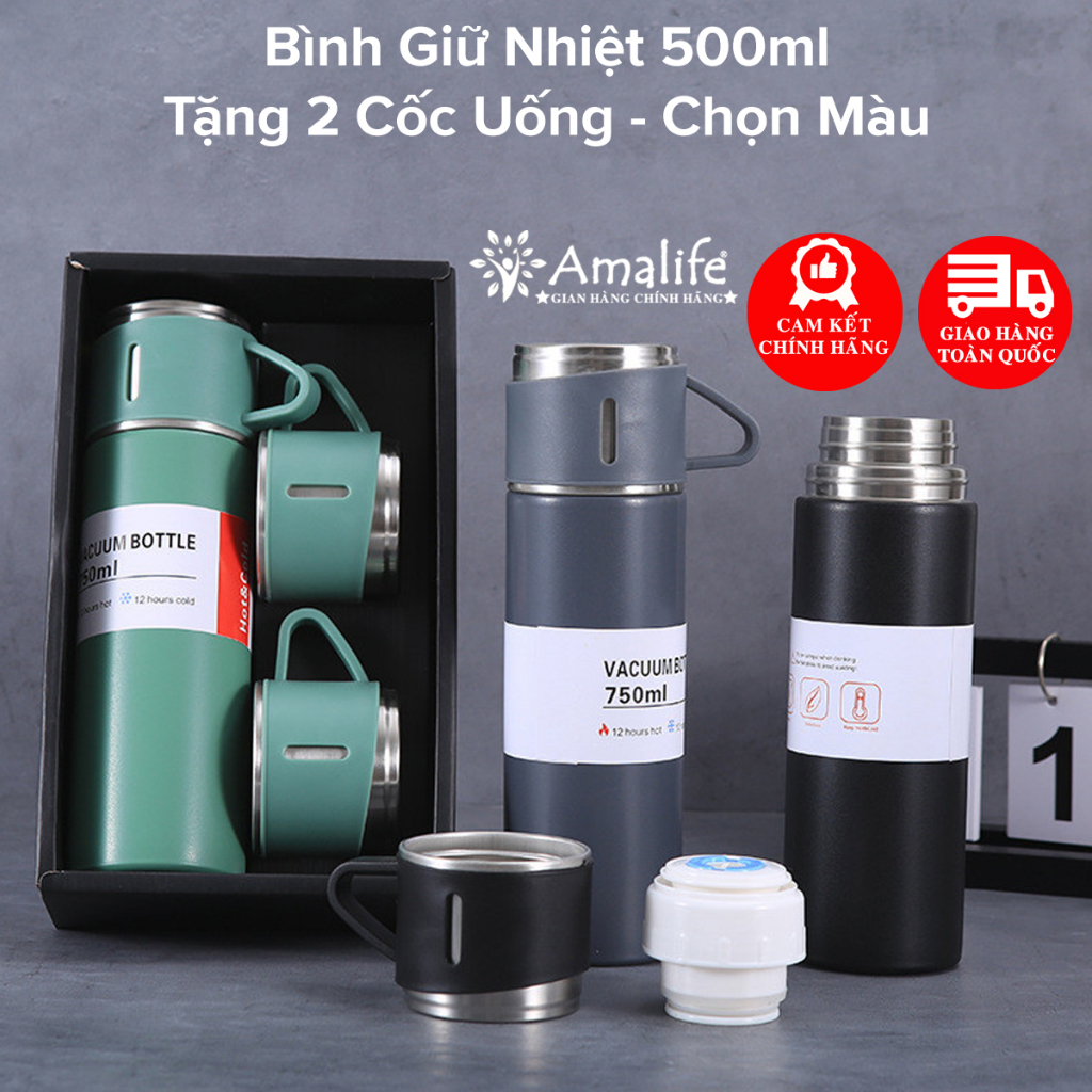 Ảnh Bình Giữ Nhiệt 500ml Tặng Kèm 2 Cốc – Chọn Màu – Có Nút Nhấn Uống Trực Tiếp Kèm Hộp Quà Tặng Sang Trọng Hãng Amalife 1