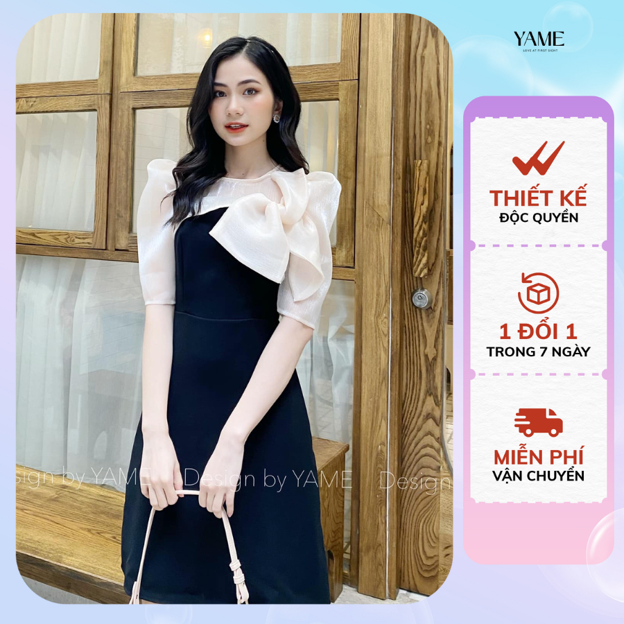 Váy đầm Nữ ngắn tay công sở dáng chữ A phối tơ óng cao cấp Suzy Dress YAME