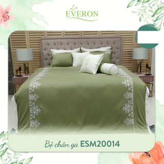 Everon drap ga phủ, bộ chăn ga gối màu xanh rêu thêu họa tiết chất Modal sồi giảm giá ESM 20014