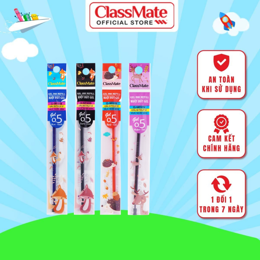 Ngòi Bút Gel Nắp CLASSMATE Ruột Bút Gel 0.5mm 4 Màu Xanh Đen Tím Đỏ, Nét Trơn, Đều Mực, Màu Tươi Và Nhanh Khô CL-GR101