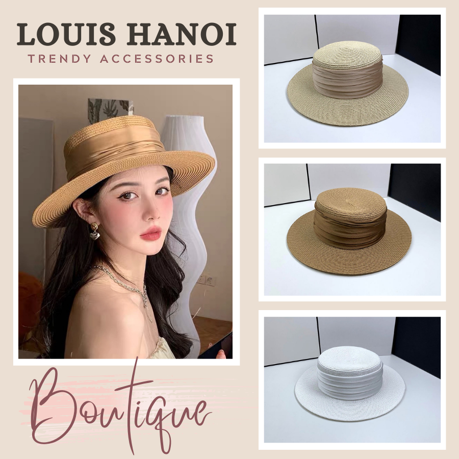 Nón Cói Đi Biển Cho Nữ Louis Hanoi, Mũ Cói Đầu Bằng Vành Nhỏ Phối Đai Vải Hottrend Du Lịch 2023