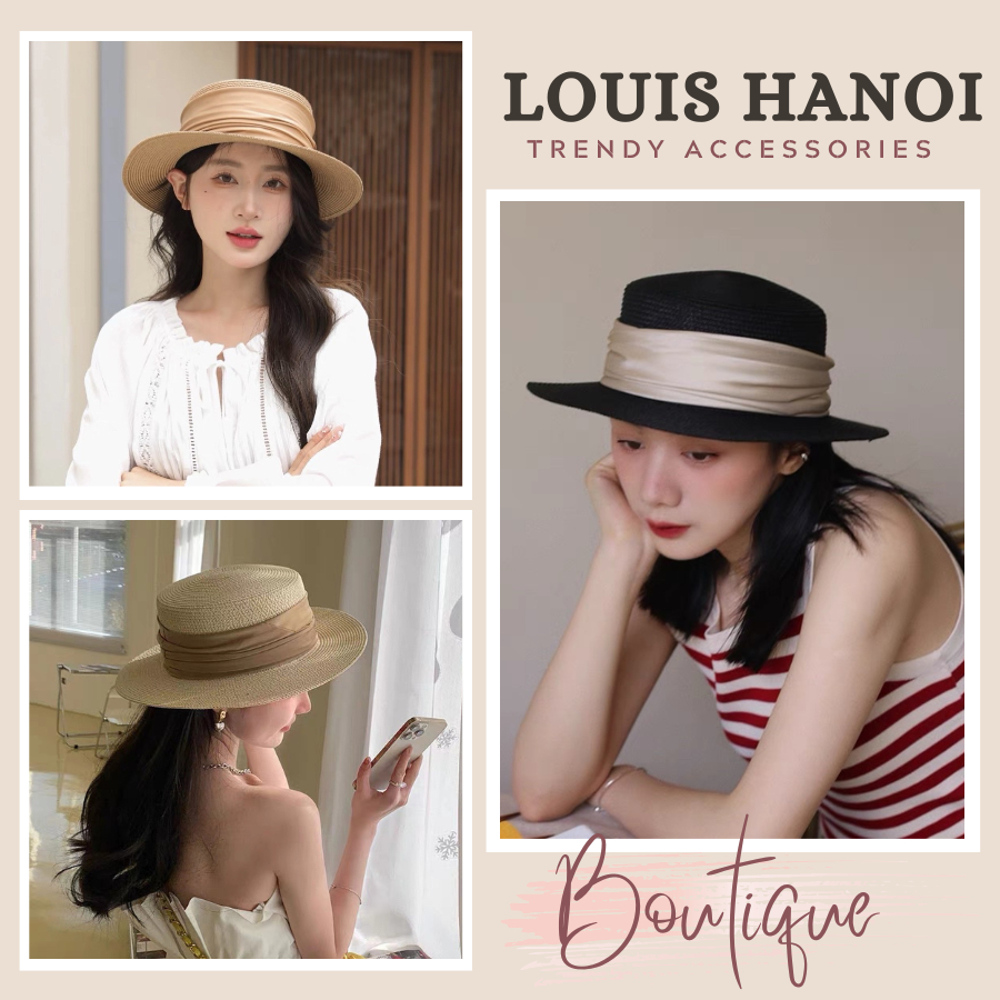 Nón Cói Đi Biển Cho Nữ Louis Hanoi, Mũ Cói Đầu Bằng Vành Nhỏ Phối Đai Vải Hottrend Du Lịch 2023