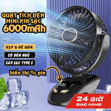 Quạt Mini Tích Hợp Đèn Điện Ngủ Cao Cấp Quạt mini kẹp bàn pin sạc Quạt kẹp bàn xoay 360 độ kẹp xe đẩy cho bé tiện ích