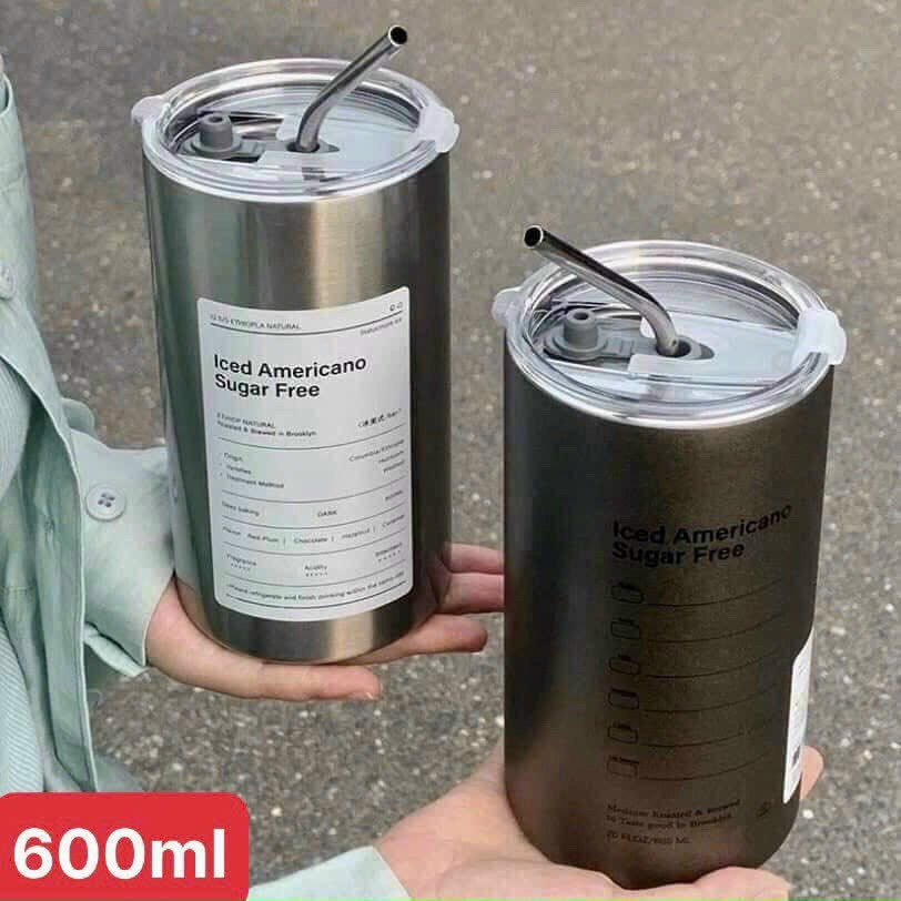 Ly giữ nhiệt  Inox 304 600ml cao cấp không gỉ,ly giữ nhiệt có ống hút  ICED AMERRCANO
