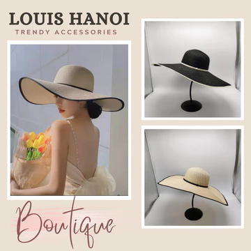 Nón Cói Đi Biển Rộng Vành Phối Viền Nơ Dây, Mũ Đi Biển 3 màu Trắng, Be, Đen Vành Rộng Louis Hanoi