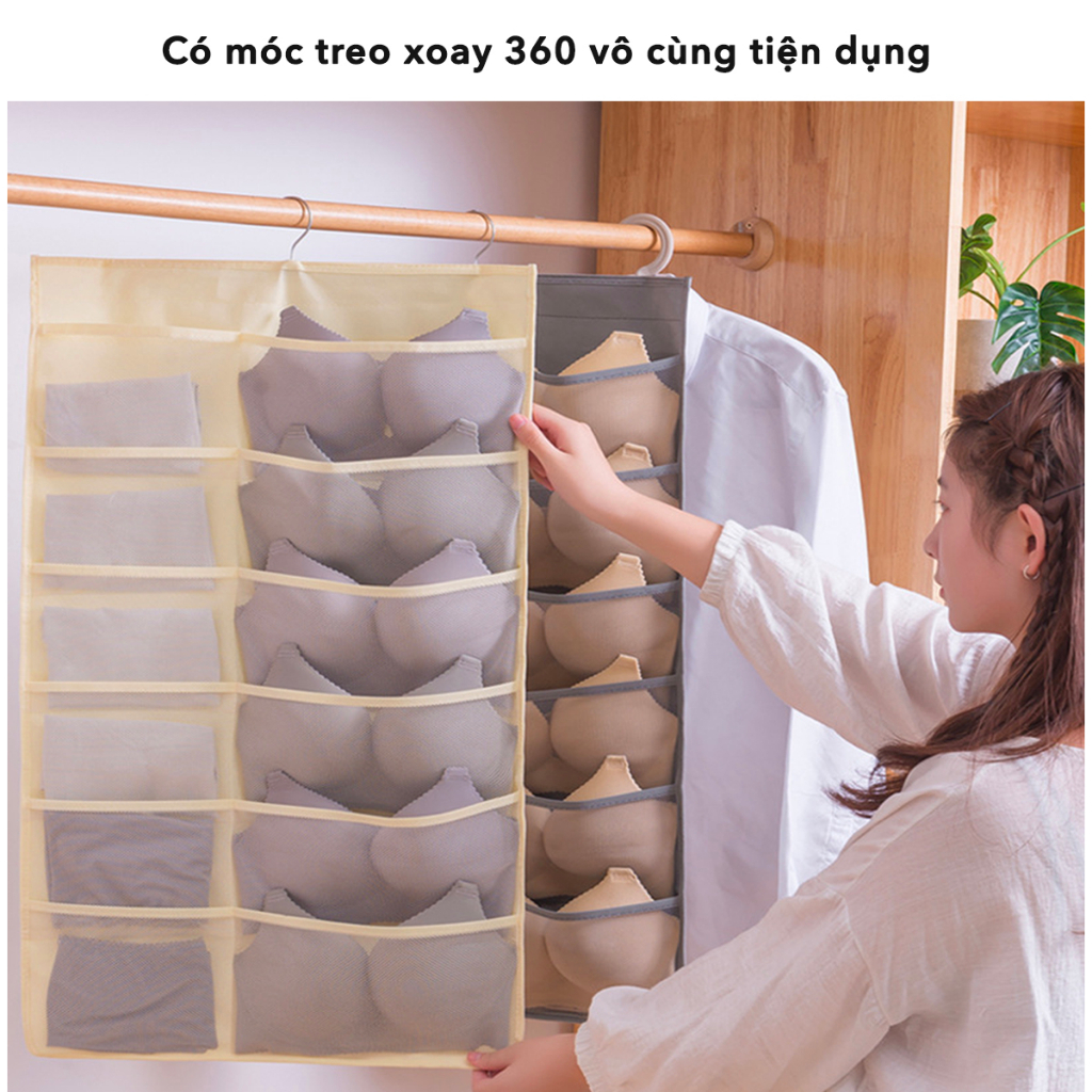 Túi Treo Đồ Lót Tất 2 Mặt JYoohome Đựng Quần Áo Lót Tất Vớ Đồ Dùng 2 Mặt Móc Treo Xoay 360