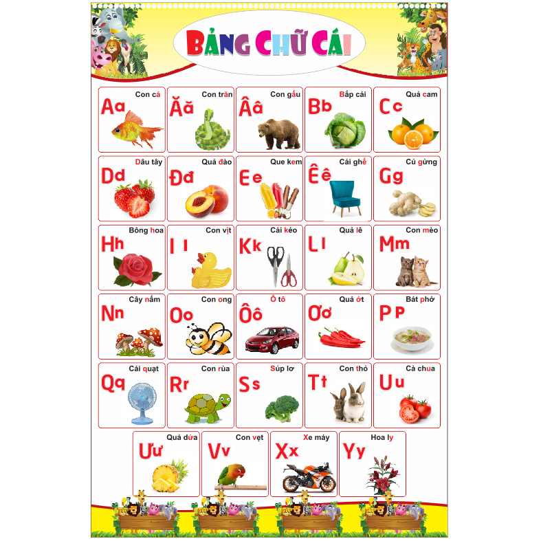 Bảng Chữ Cái In Hoa, In Thường Bằng Tếng Việt Kèm Hình Minh Họa Dạng Decal Dán Cho Bé Lớp Tiểu Học, Mầm Non, Bé Tập Đọc