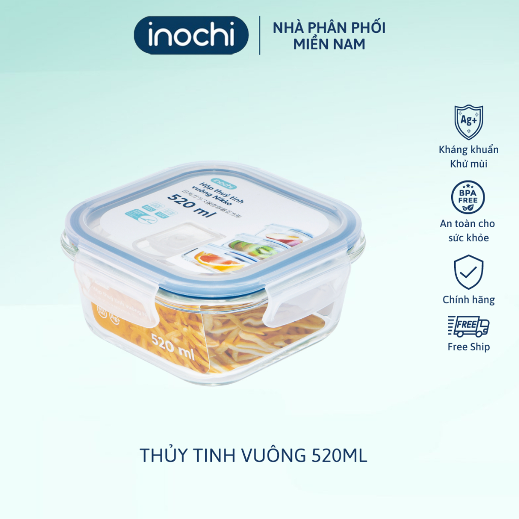 Ảnh Hộp thuỷ tinh vuông Inochi Nikko 520 ml sử dụng được trong lò vi sóng, nắp đậy thông minh thiết kế thoát nhiệt 1