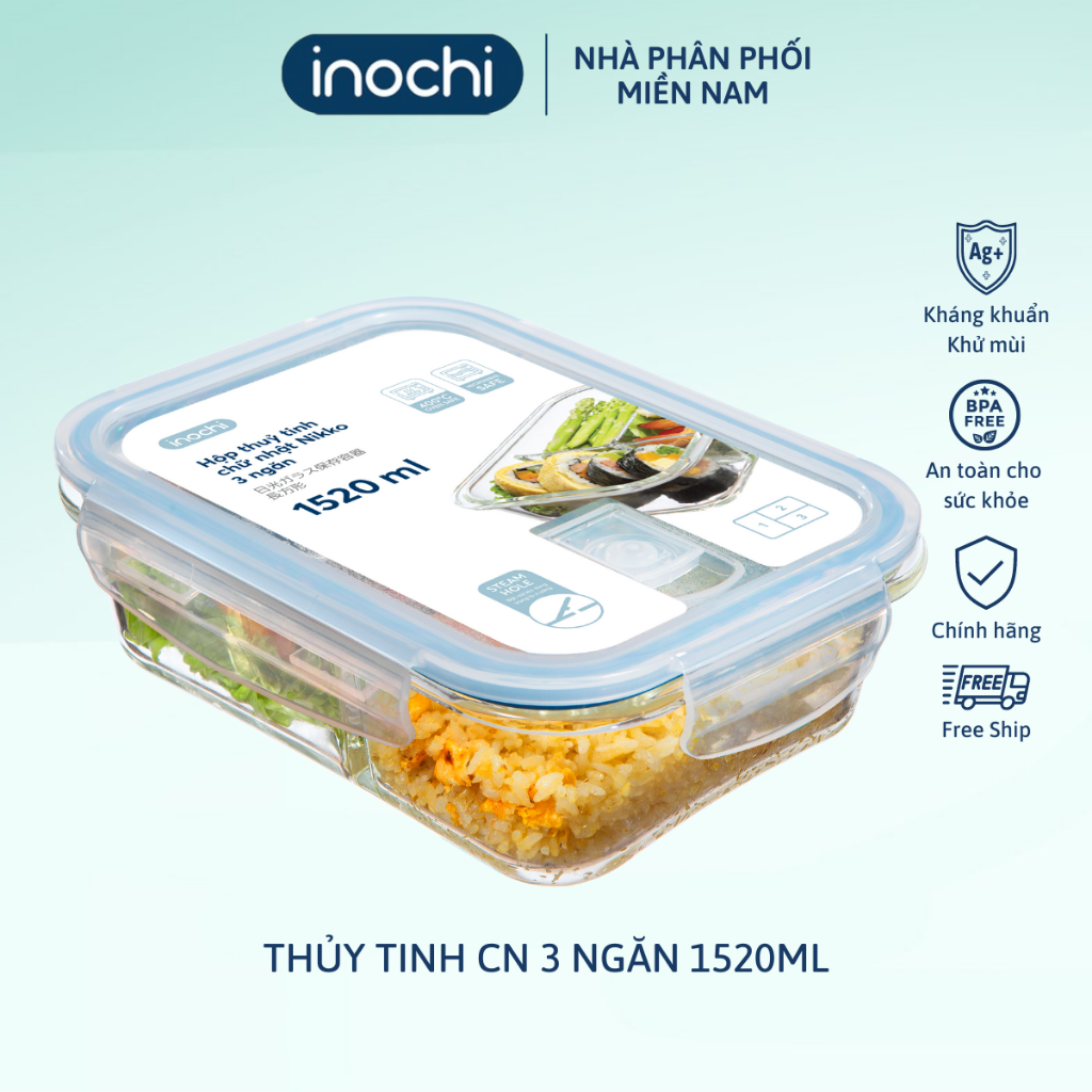 Ảnh Hộp thủy tinh chữ nhật 3 ngăn 1520 ml, đựng thức ăn văn phòng, thực phẩm, sử dụng được trong lò vi sóng 1