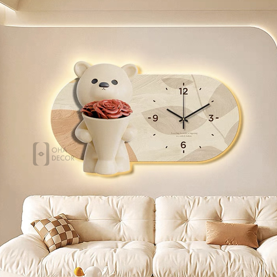Tranh Cắt 3D LED Đồng Hồ Và Gấu Xinh Trang Trí Nhà, Quán Cà Phê Hiện Đại OHA Decor