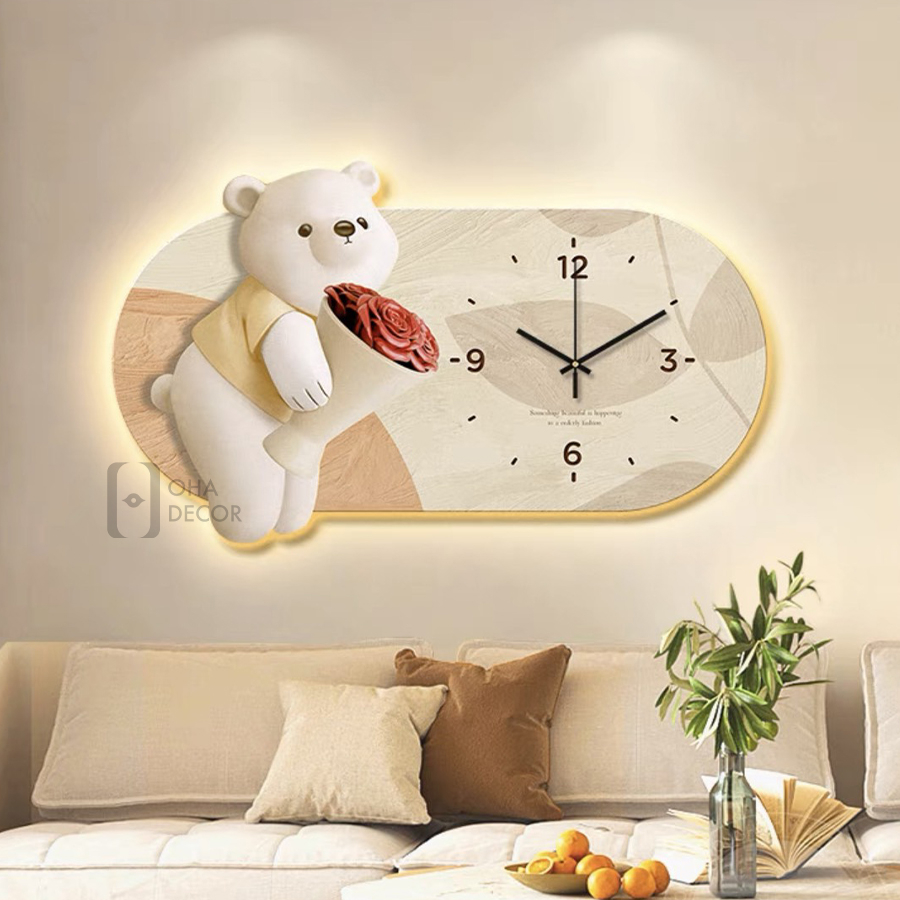 Tranh Cắt 3D LED Đồng Hồ Và Gấu Xinh Trang Trí Nhà, Quán Cà Phê Hiện Đại OHA Decor