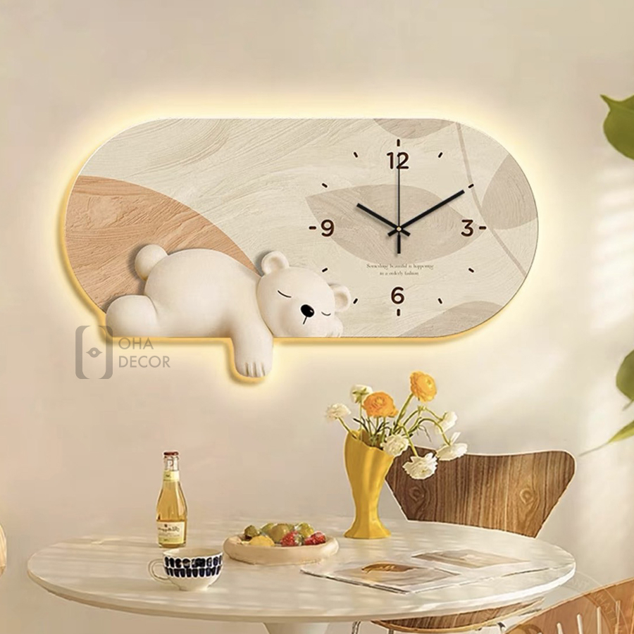 Tranh Cắt 3D LED Đồng Hồ Và Gấu Xinh Trang Trí Nhà, Quán Cà Phê Hiện Đại OHA Decor