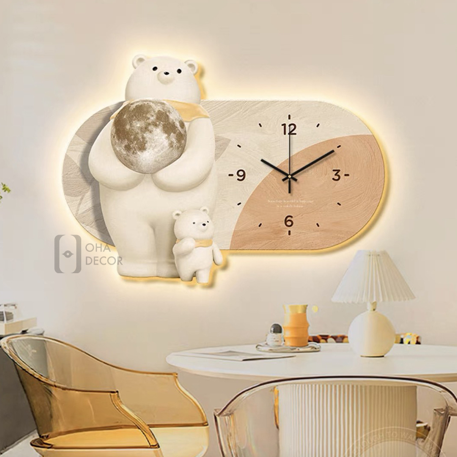 Tranh Cắt 3D LED Đồng Hồ Và Gấu Xinh Trang Trí Nhà, Quán Cà Phê Hiện Đại OHA Decor