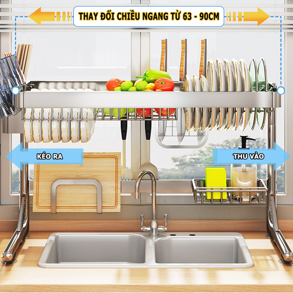 Kệ Bát Đĩa Thông Minh INOX 304 1 - 2 Tầng, Giá Đựng Bát Đĩa Kèm Các Phụ ...