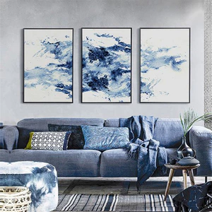 Bộ 3 Tranh Canvas Trừu Tượng Tone Xanh Biển Có Viền Hiện Đại Trang Trí Quán Trà Sữa, Cà Phê Xưởng Giá Rẻ OHA Decor