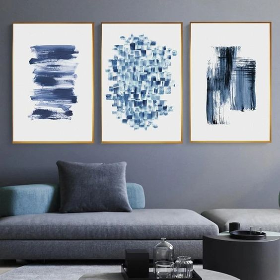 Bộ 3 Tranh Canvas Trừu Tượng Tone Xanh Biển Có Viền Hiện Đại Trang Trí Quán Trà Sữa, Cà Phê Xưởng Giá Rẻ OHA Decor