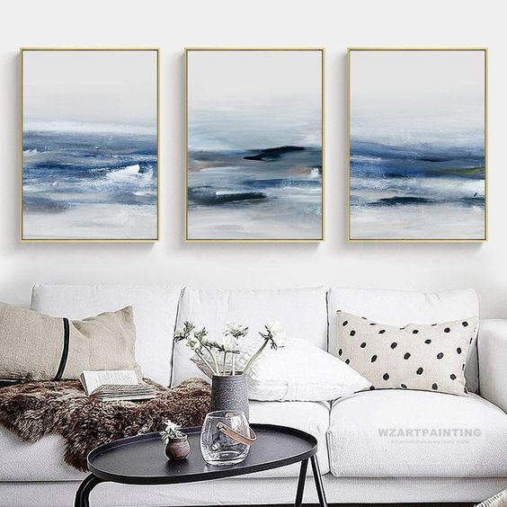 Bộ 3 Tranh Canvas Trừu Tượng Tone Xanh Biển Có Viền Hiện Đại Trang Trí Quán Trà Sữa, Cà Phê Xưởng Giá Rẻ OHA Decor