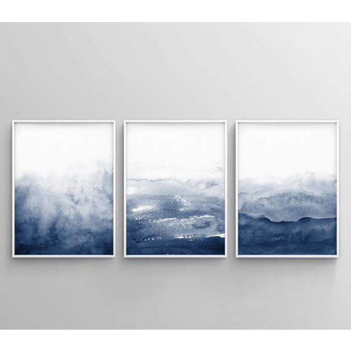 Bộ 3 Tranh Canvas Trừu Tượng Tone Xanh Biển Có Viền Hiện Đại Trang Trí Quán Trà Sữa, Cà Phê Xưởng Giá Rẻ OHA Decor