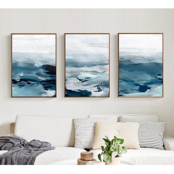 Bộ 3 Tranh Canvas Trừu Tượng Tone Xanh Biển Có Viền Hiện Đại Trang Trí Quán Trà Sữa, Cà Phê Xưởng Giá Rẻ OHA Decor