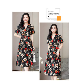 Đầm Cotton Lụa Mềm Mát  Cổ V In Hoa Thanh Lịch VH06
