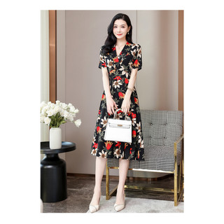 Đầm Cotton Lụa Mềm Mát  Cổ V In Hoa Thanh Lịch VH06