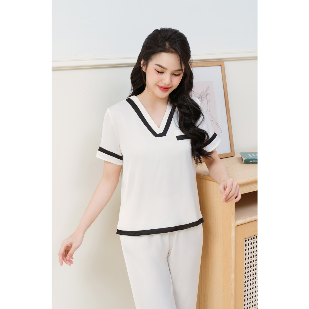 Bộ Đồ Ngủ Lụa Basic Trắng Viền Đen Thanh Lịch Loirechic LPD21