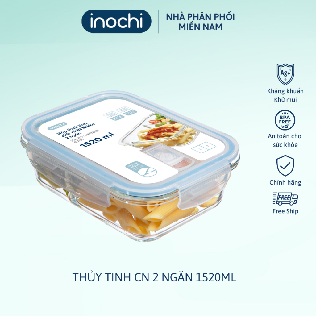 Ảnh Hộp thủy tinh chữ nhật 2 ngăn 1520 ml, đựng thức ăn văn phòng, sử dụng được trong lò vi sóng. Hộp thủy tinh đựng cơm 1