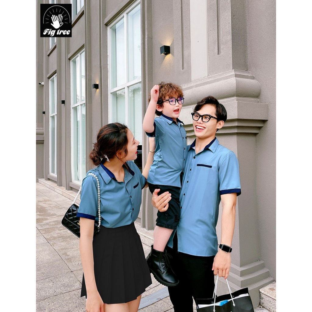 Combo Áo Sơ Mi Đồng Phục Gia Đình Fig Tree Xanh Mint Phối Siêu Xinh