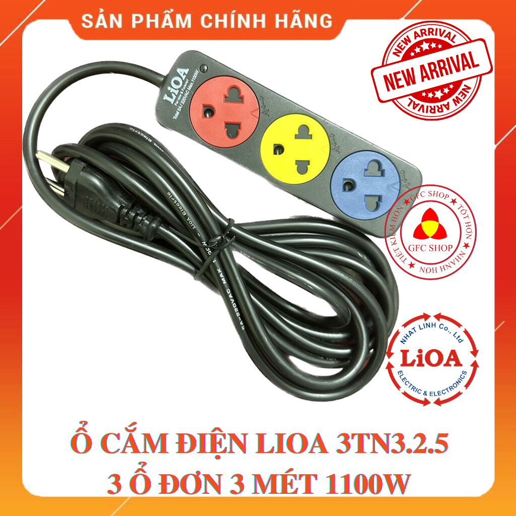 Ô cắm Lioa 3 ổ 3 chân 3TN3.2.5 dây 3m Công suất 1000W màu đen - Nắp che ...