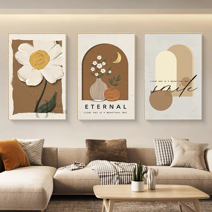 Bộ 3 Tranh Canvas Thiên Nhiên Hoa Lá Có Viền Hiện Đại Trang Trí Quán Trà Sữa, Cà Phê Xưởng Giá Rẻ OHA Decor