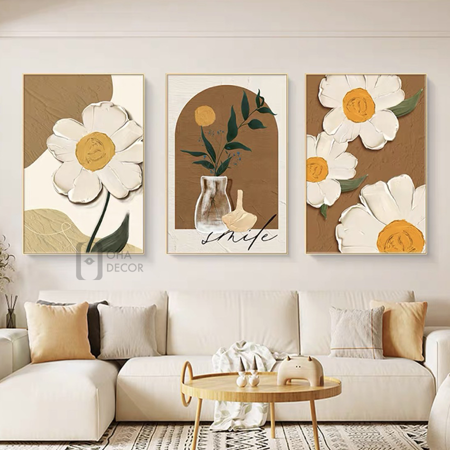 Bộ 3 Tranh Canvas Thiên Nhiên Hoa Lá Có Viền Hiện Đại Trang Trí Quán Trà Sữa, Cà Phê Xưởng Giá Rẻ OHA Decor