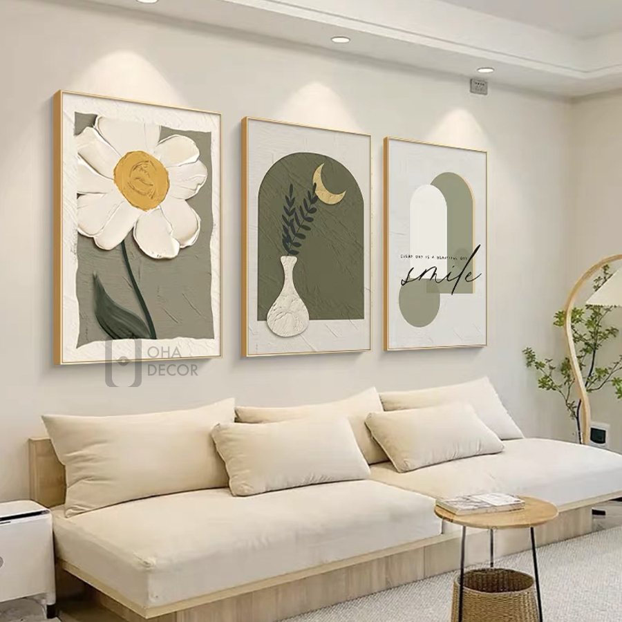 Bộ 3 Tranh Canvas Thiên Nhiên Hoa Lá Có Viền Hiện Đại Trang Trí Quán Trà Sữa, Cà Phê Xưởng Giá Rẻ OHA Decor