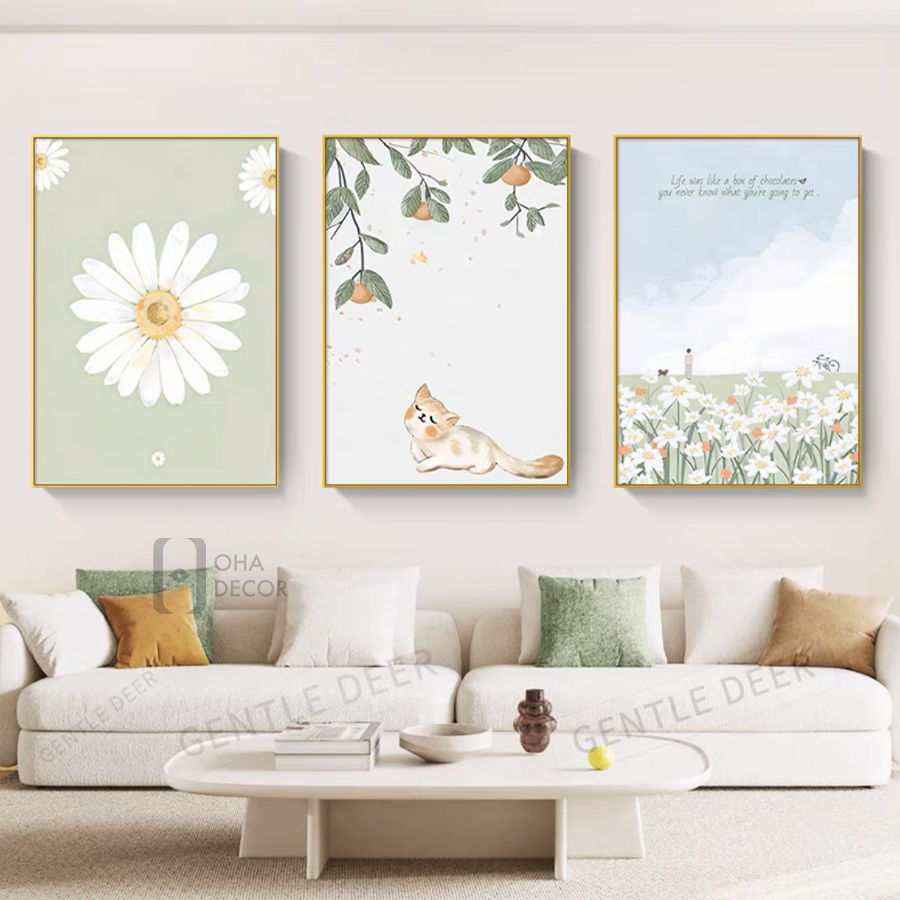 Bộ 3 Tranh Canvas Hoa Và Mèo Đẹp Có Viền Hiện Đại Trang Trí Quán Trà Sữa, Cà Phê Xưởng Giá Rẻ OHA Decor