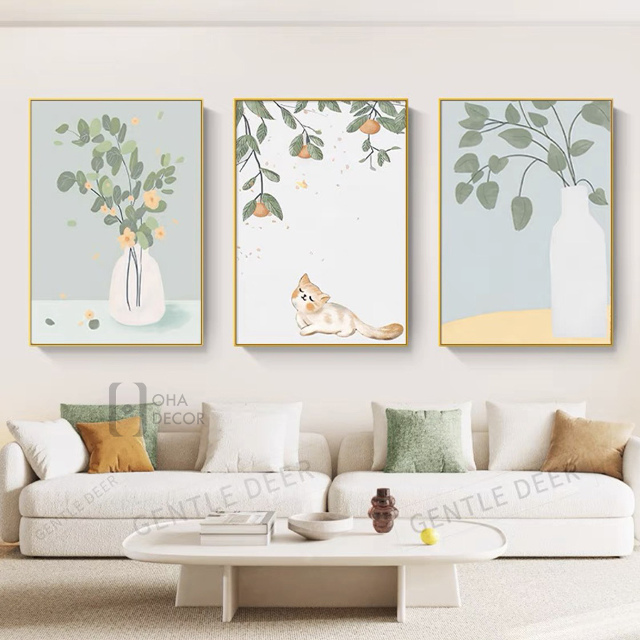 Bộ 3 Tranh Canvas Hoa Và Mèo Đẹp Có Viền Hiện Đại Trang Trí Quán Trà Sữa, Cà Phê Xưởng Giá Rẻ OHA Decor