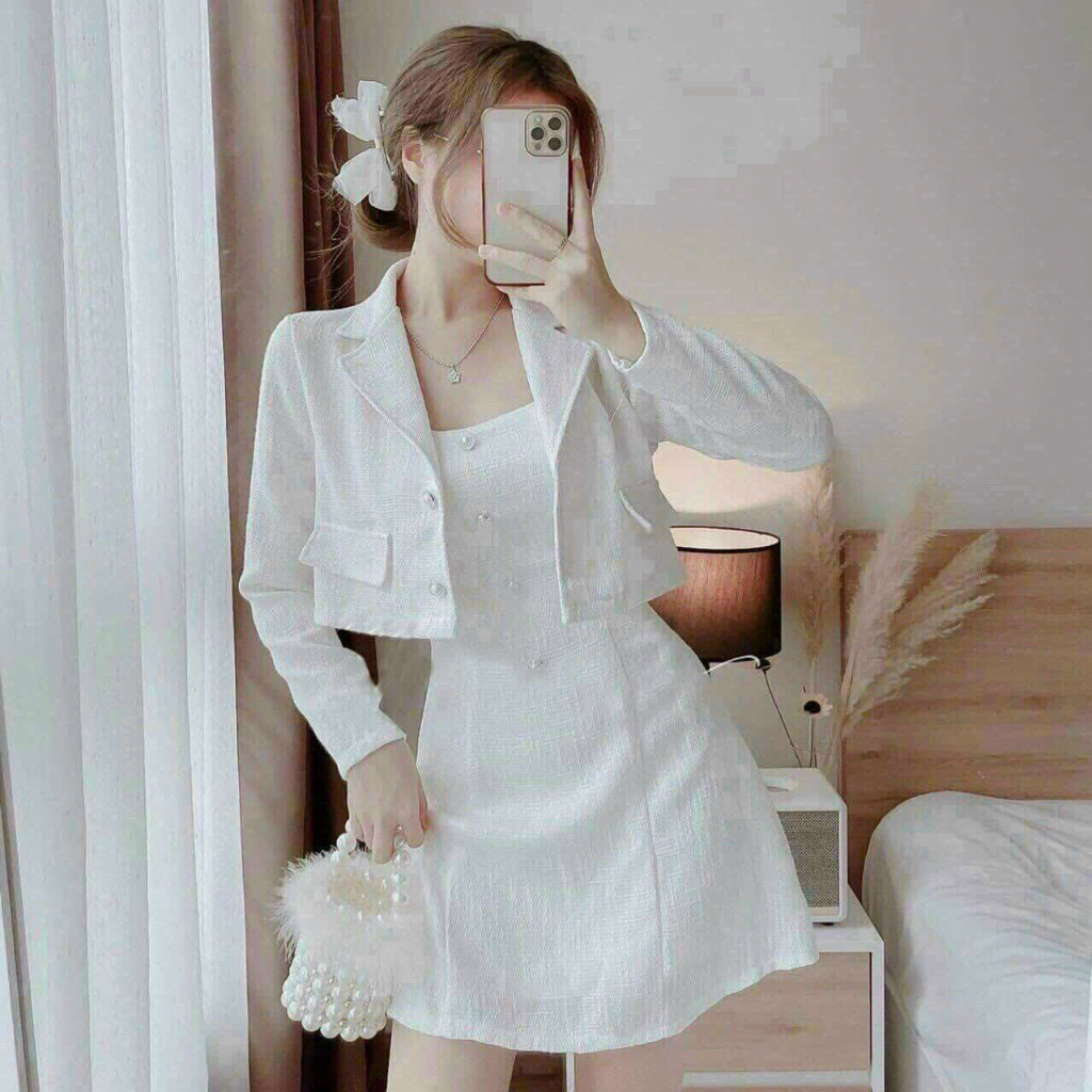 Đầm váy nữ thiết kế đi tiệc, đầm trắng 2 dây cổ vuông đính nút dáng chữ A kèm khoác vest ngoài tay dài sang chảnh mtb