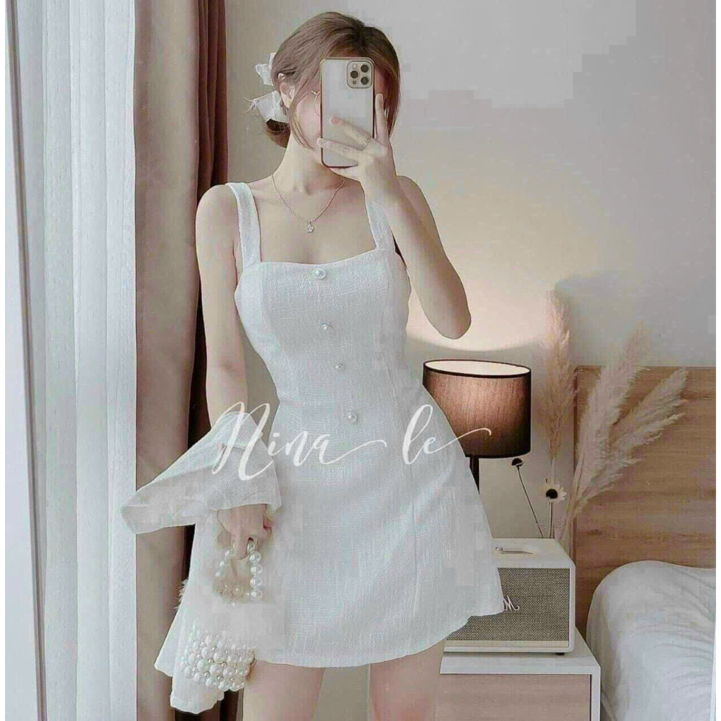 Đầm váy nữ thiết kế đi tiệc, đầm trắng 2 dây cổ vuông đính nút dáng chữ A kèm khoác vest ngoài tay dài sang chảnh mtb