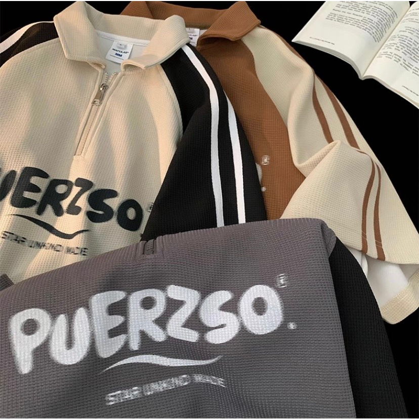 Ảnh Áo Polo Nam Nữ PUERZSO NAD Unisex - Áo Cổ Bẻ có khoá kéo Tay Lỡ 2 sọc Chất Liệu Tổ Ong Dệt Trẻ Trung, Cá Tính.năng động 1