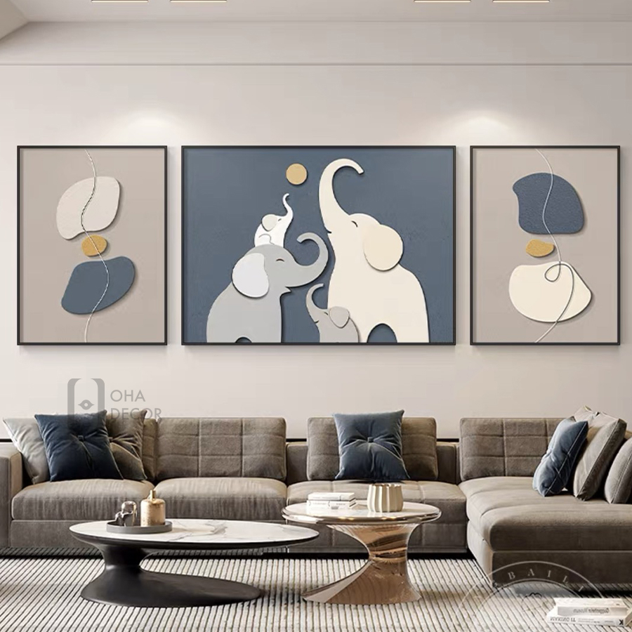 Bộ 3 Tranh Chú Voi Tráng Gương Cao Cấp Trang Trí Nhà - OHA Decor