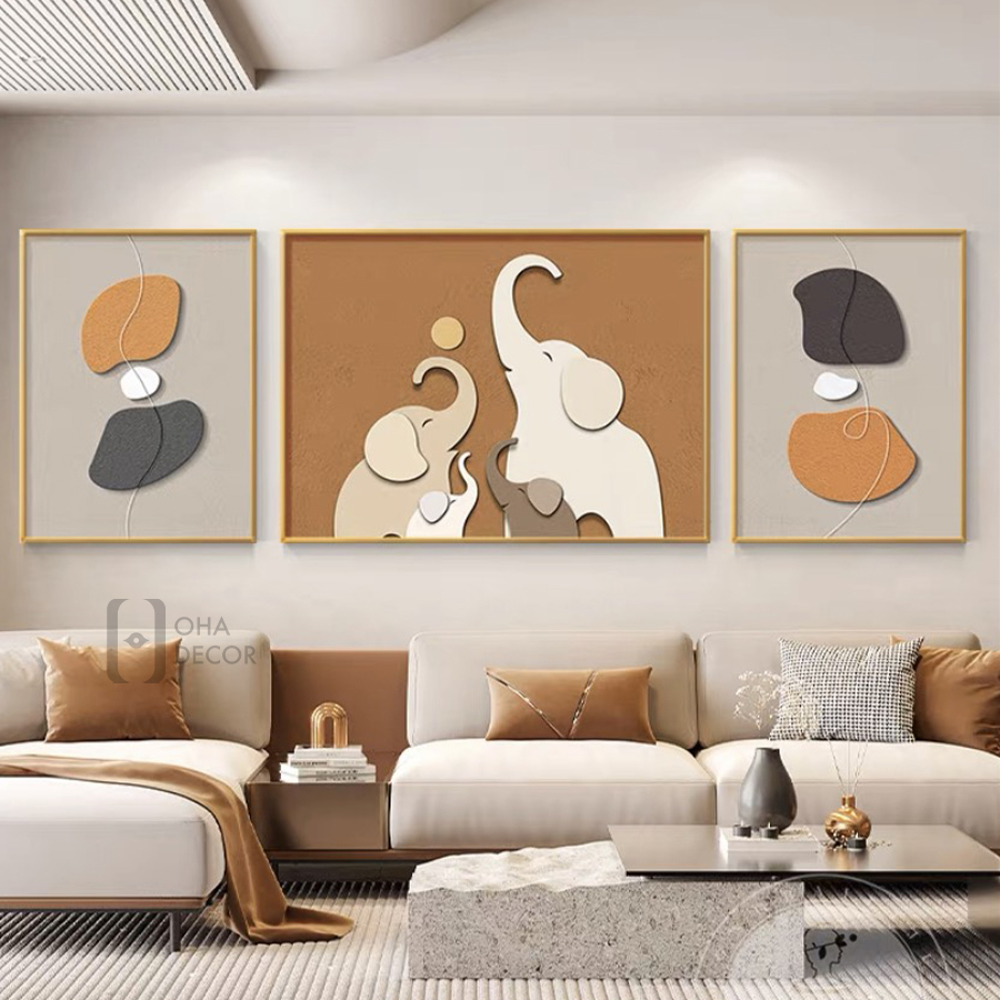 Bộ 3 Tranh Chú Voi Tráng Gương Cao Cấp Trang Trí Nhà - OHA Decor