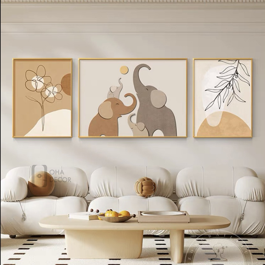 Bộ 3 Tranh Chú Voi Tráng Gương Cao Cấp Trang Trí Nhà - OHA Decor