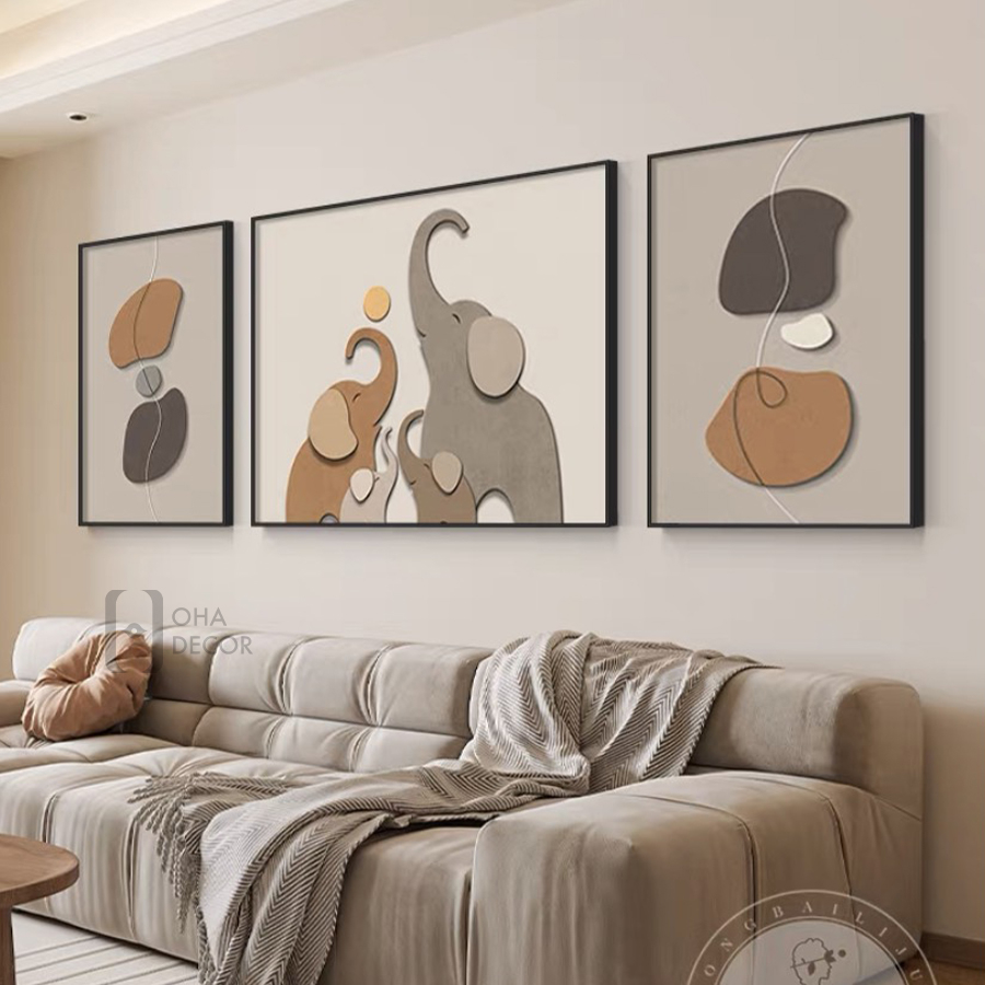 Bộ 3 Tranh Chú Voi Tráng Gương Cao Cấp Trang Trí Nhà - OHA Decor