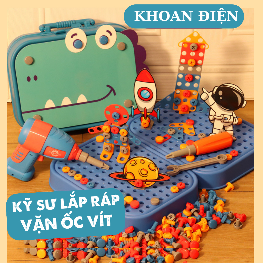 Bộ đồ chơi kỹ sư lắp ráp kèm khoan điện vặn ốc vít, combo hộp dụng cụ sửa chữa kỹ thuật, xếp hình cho bé trai