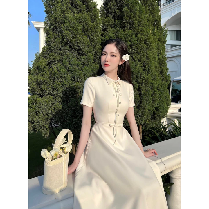 Váy Tiểu Thư Sang Chảnh Màu Kem Váy Nữ Tiểu Thư Dáng Dài