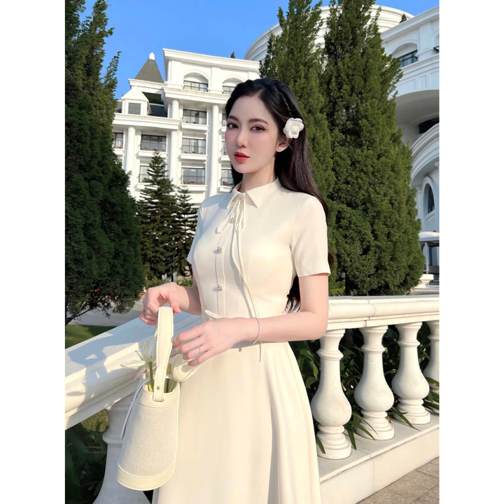 Váy Tiểu Thư Sang Chảnh Màu Kem Váy Nữ Tiểu Thư Dáng Dài