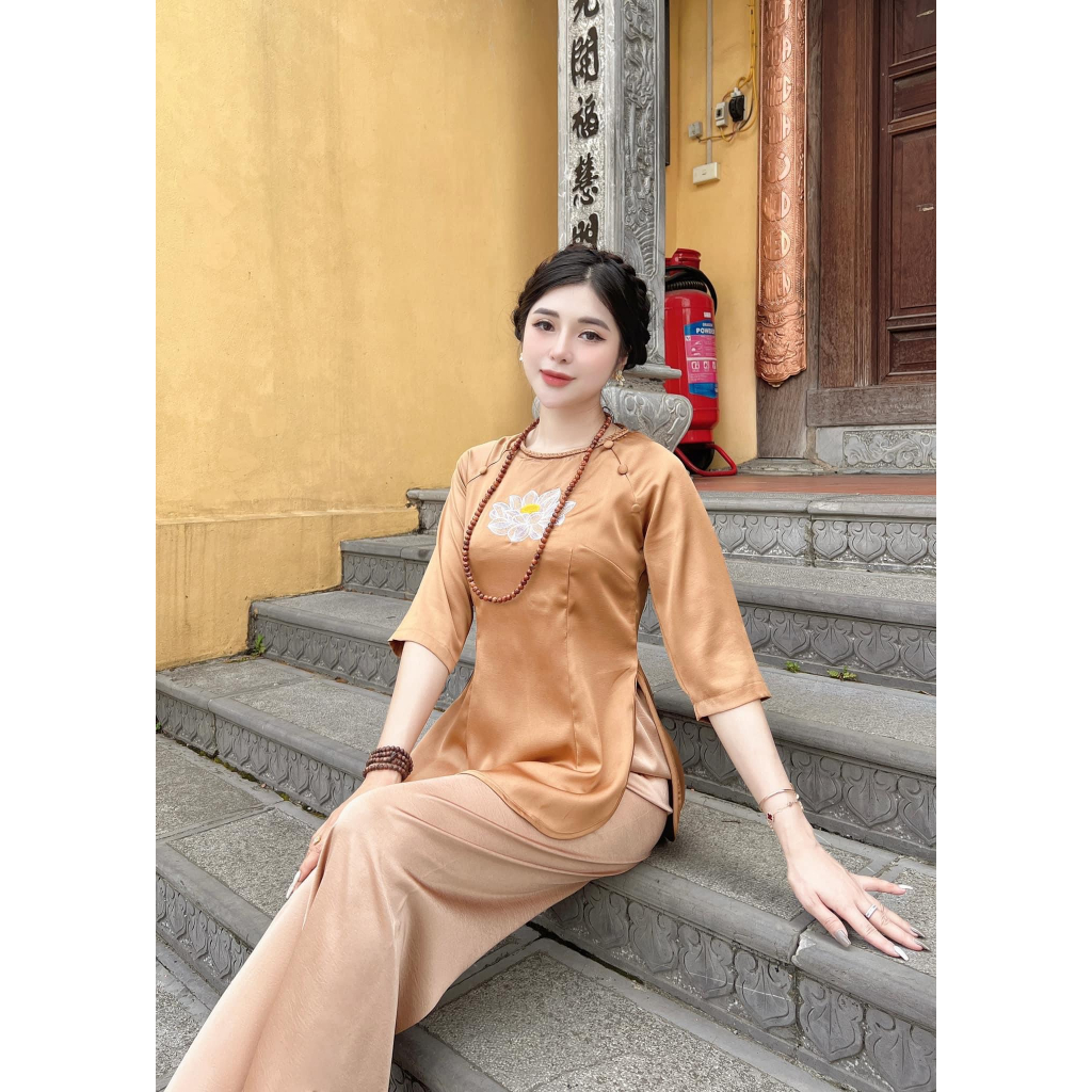 Đồ bộ đi chùa nữ cổ tết thêu hoa sen Pháp phục đi chùa cách tân tay lỡ Đồ lam nữ lụa hai da, mềm mịn