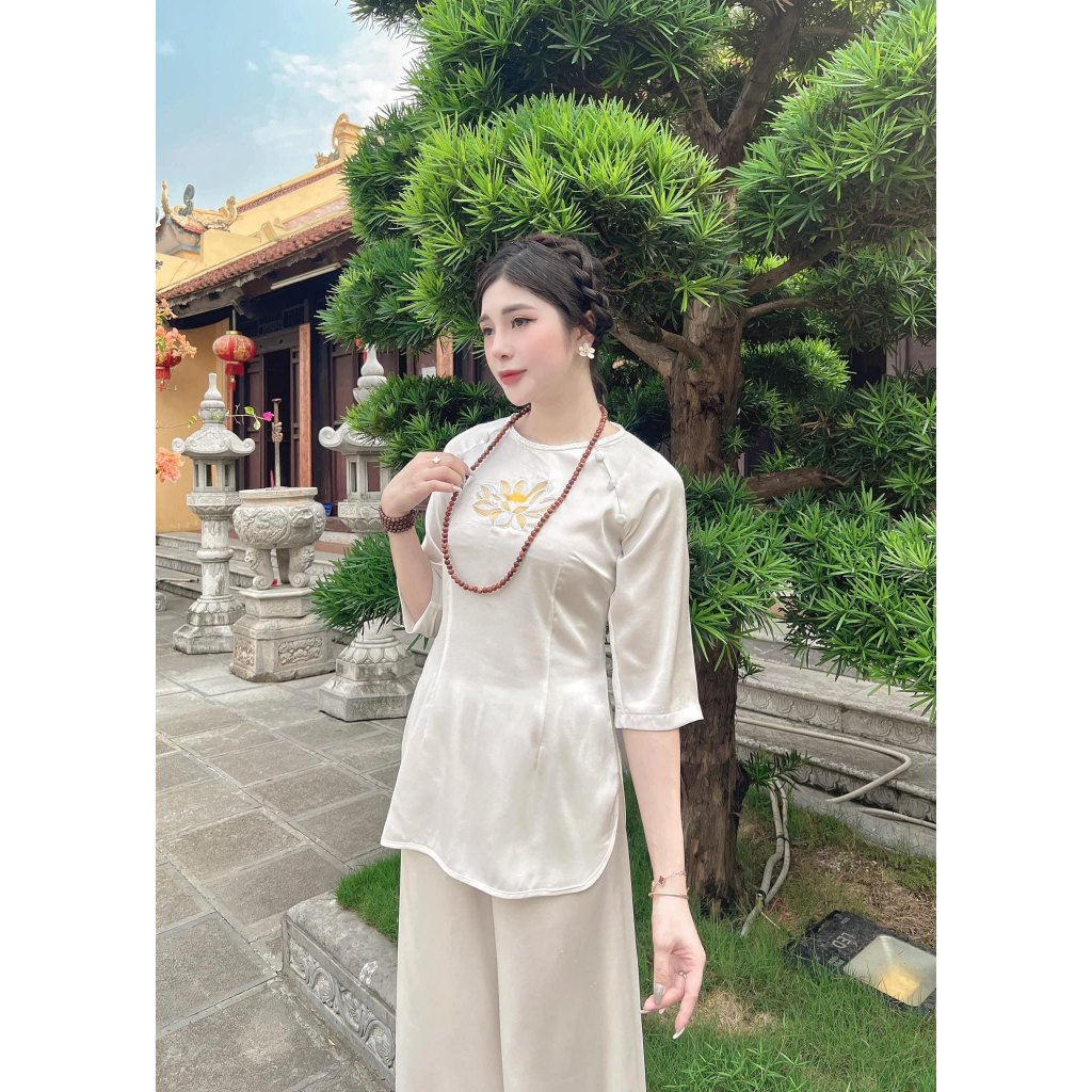 Đồ bộ đi chùa nữ cổ tết thêu hoa sen Pháp phục đi chùa cách tân tay lỡ Đồ lam nữ lụa hai da, mềm mịn
