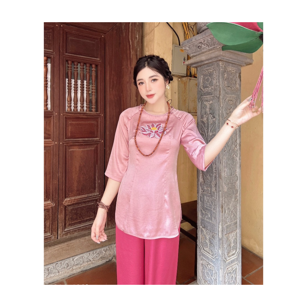 Đồ bộ đi chùa nữ cổ tết thêu hoa sen Pháp phục đi chùa cách tân tay lỡ Đồ lam nữ lụa hai da, mềm mịn